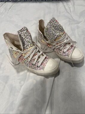 Women's High-Top Canvas Sneakers in White with Multicolor Dot Print